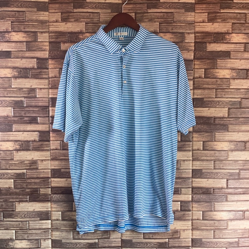EUC Mens Peter Millar XL Blue & White Striped Golf Polo w/ Mira Vista CC Logo